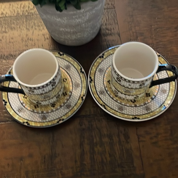 SET OF 2-Anthropologie Bistro Tile Espresso Cup & Saucer Garden Collection Bee - Picture 7 of 8